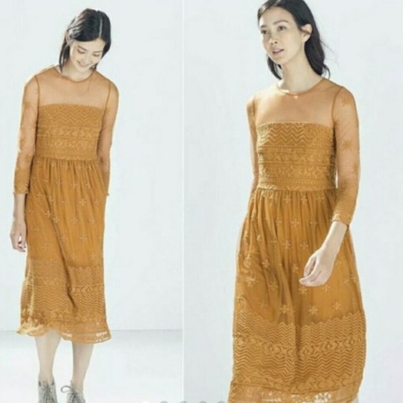 Zara Dresses & Skirts - Zara Mustard Sheer Mesh Embroidered Midi Dress M